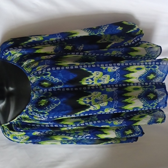 Evan Picone Blouse, semi-sheer,  blue, green, cream - Picture 1 of 6